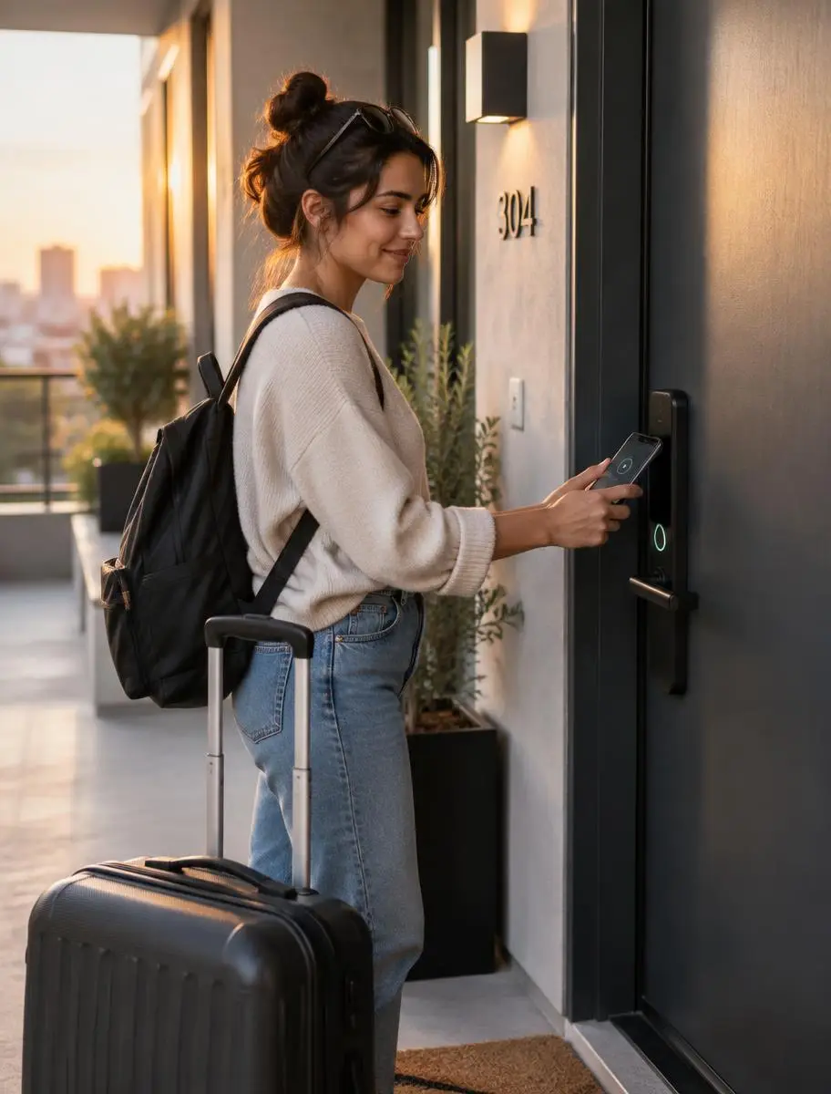 Huésped abriendo una cerradura digital con el celular